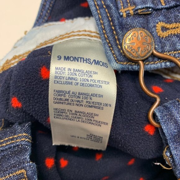 OshKosh B'gosh Vestbak Size 9M Overalls Denim Pants Flannel Lining Hearts Snaps - Picture 8 of 8